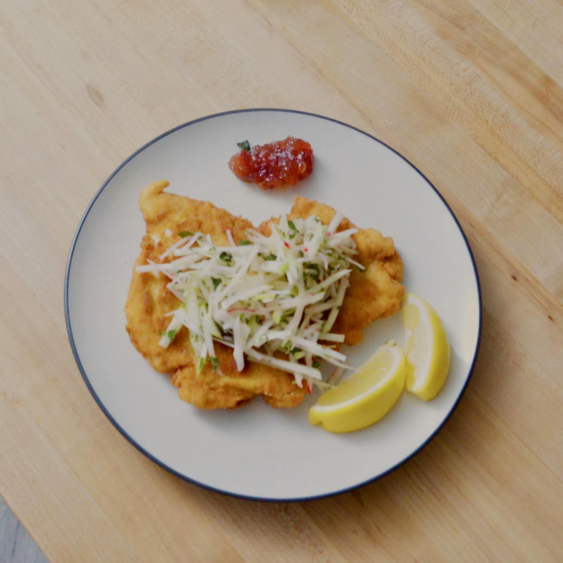 Chicken Schnitzel with Kohlrabi Slaw